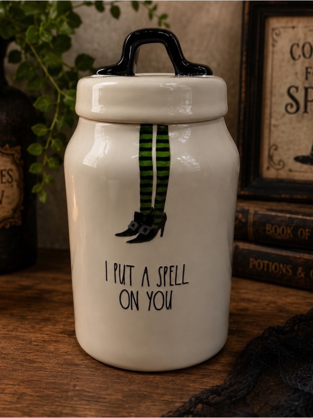 Rae Dunn Halloween Canister I Put A Spell On You Witch Legs Ceramic Cookie Jar